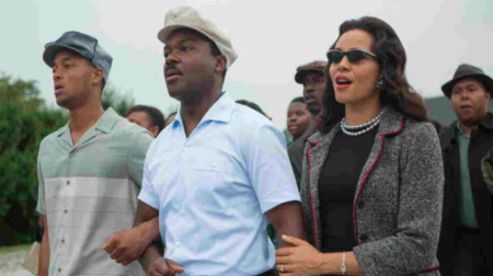 Martin Luther King Jr. (David Oyelowo) and Coretta Scott King (Carmen Ejogo) marching from Selma to Montgomery in the movie Selma. (Paramount)
